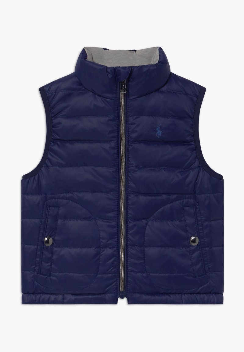 Navyblauw gewatteerd mouwloos vest met rits aan de voorkant, twee drukknopzakken en een verhoogde kraag, met een subtiel logo op de borst.