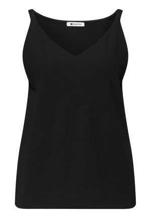 Schwarzes ärmelloses Damen-Top mit V-Ausschnitt aus strukturiertem Stoff und Street One Markenlabel am Halsausschnitt.