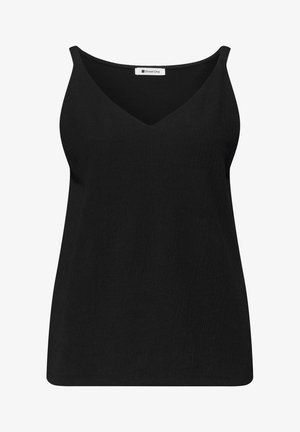 Top negro de mujer sin mangas con escote en V, tejido texturizado y etiqueta de la marca Street One en el cuello.