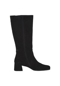 Bottes noires en suède, arrivant au genou, avec un talon bloc, une fermeture éclair sur le côté et une texture lisse. Présentent un bout légèrement effilé et des coutures discrètes.