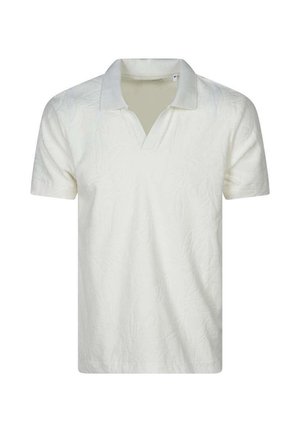 Polo blanc à manches courtes avec motif floral texturé et col ouvert, présenté sur un fond uni.