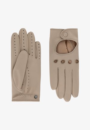 Beige leather driving gloves with perforated holes, elastic wrist, button strap, and open knuckle design shown flat, palm and back views.
