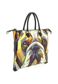 Borsa multi colore con design grafico di un bulldog. Realizzata in materiale sintetico con manici e dettagli neri.