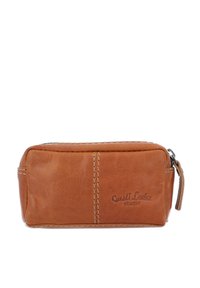 Brown leather pencil case with a rectangular shape, top zipper closure, contrasting stitching, and embossed logo detail on the side.