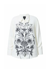 Camicia bianca con bottoni, maniche lunghe, con un design floreale nero sulla parte anteriore. Realizzata in tessuto morbido con colletto classico.