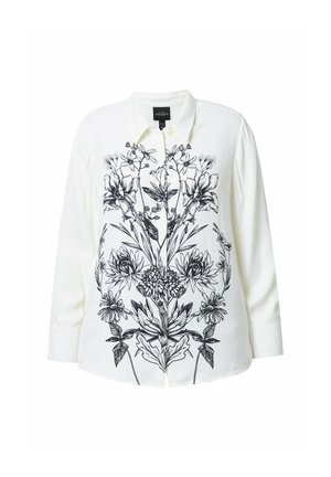Witte overhemd met lange mouwen, met een zwart bloemdesign aan de voorkant. Gemaakt van gladde stof met een klassieke kraag.