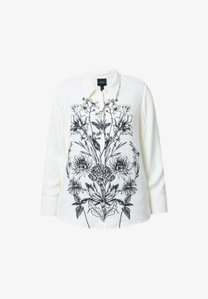 Camicia bianca con bottoni, maniche lunghe, con un design floreale nero sulla parte anteriore. Realizzata in tessuto morbido con colletto classico.