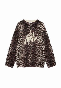 Leopardenmuster Pullover mit langen Ärmeln, Rundhalsausschnitt, strukturiertem Strick und weißem "oh April"-Grafik auf der Brust. Überwiegend cremefarben und braun.
