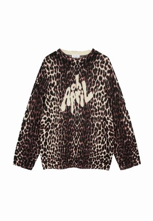 Sweater de estampado de leopardo con mangas largas, cuello redondo, punto texturizado y gráfico en blanco "oh April" en el pecho. Predominantemente en color crema y marrón.