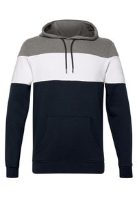 Sweat à capuche pour homme avec capuche grise, bande blanche sur la poitrine et corps et manches bleu marine, doté d'une poche kangourou à l'avant et de cordons noirs.