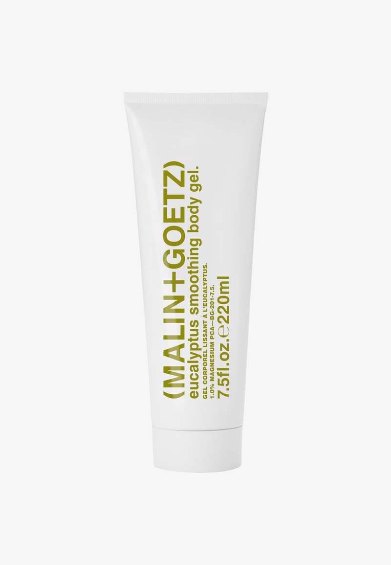 Eukalyptus-Glattheits-Gel für den Körper in einer weißen Tube mit grüner Schrift. Enthält 220 ml. Verfügt über ein sauberes Design und einfache, moderne Typografie.