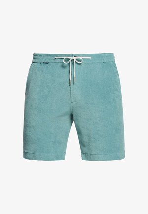 Shorts en tissu éponge turquoise avec une taille élastique, une fermeture à cordon et un design épuré. Tissu texturé, longueur mi-cuisse.