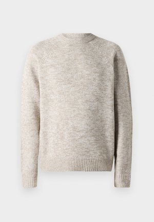 Lys beige strikkegenser med rund hals, ribbede mansjetter og nederkant. Mykt teksturert stoff med et subtilt melert mønster.