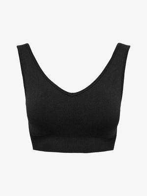 Černá sportovní podprsenka bez švů se širokými ramínky a hlubokým výstřihem do V, navržená pro pohodlí a podporu během fyzických aktivit.