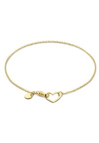 Bracelet en or avec une délicate chaîne, un maillon en forme de cœur et un fermoir à homard avec un petit charm en forme de cœur attaché.