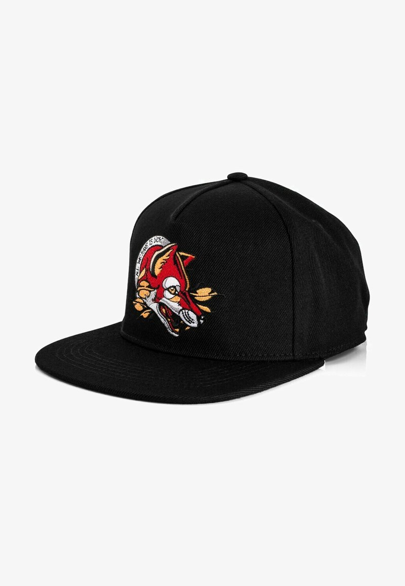 Schwarze Snapback-Cap mit flachem Schirm und besticktem Design, das einen stilisierten Tierkopf zeigt, akzentuiert mit roten, gelben und weißen Details.