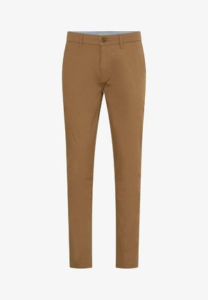 Chinos kaki homme coupe slim avec passants pour ceinture, fermeture par bouton, et poches avant.