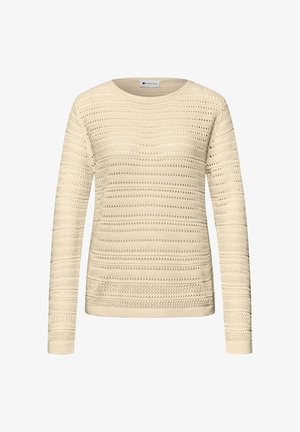 Kermanvalkoinen, neulottu pitkähihainen neulepaita teksturoidulla kuviolla ja pyöreällä pääntiellä.