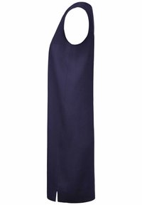 Navyblaues ärmelloses Kleid aus Leinen, mit gerader Silhouette, seitlichem Schlitz und rundem Ausschnitt.