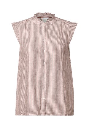 Striped sleeveless blouse in soft, textured fabric. Features a ruffled collar and button front. Color: light beige with subtle brown stripes.