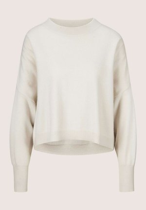 Lichtcrème trui, zachte gebreide stof, ronde halslijn, verlaagde schouders, geribde boorden en zoom, cropped lengte, minimalistisch design.