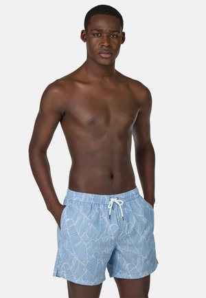 Pantaloni da bagno blu con un motivo a foglia bianca, vita elastica con coulisse e due tasche laterali. Tessuto leggero e traspirante.