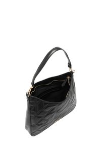 Borsa a tracolla in pelle nera trapuntata con forma strutturata, dotata di una singola tracolla e dettagli in oro con cerniera e accessori.