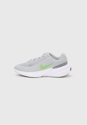 Chaussure de sport grise avec le logo Nike vert vif, semelle blanche épaisse, empeigne en mesh et design à lacets sur un fond clair uni.