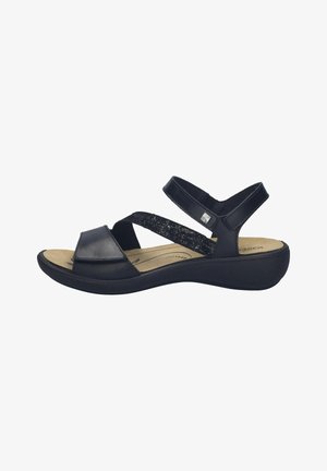 Sandalo con punta aperta per donna di colore nero, con soletta imbottita color cammello, due cinturini regolabili e suola con zeppa bassa per comfort e supporto.