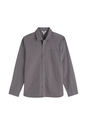 Cămașă cu mâneci lungi, cu nasturi, cu un model fin în carouri gri și roșii, guler ascuțit și buzunar la piept.