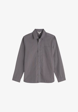 Pika varrukaga nööbitav särk, halli ja punast peent ruudumustrit, terava krae ja rinnataskuga.