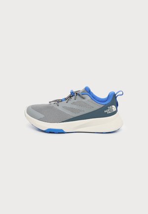 Szary i niebieski sportowy sneaker z białą podeszwą, cholewką z siateczki, niebieską podszewką i logo The North Face na pięcie, widoczny z profilu.