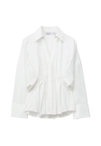 White cotton blouse featuring a collar, long sleeves, and gathered detailing at the front, creating a structured yet relaxed silhouette.