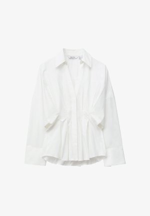 Biała bawełniana bluzka z kołnierzykiem, długimi rękawami oraz marszczeniami z przodu, tworzącymi z jednej strony strukturę, a z drugiej lekkość i swobodę.