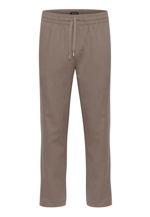 Pantalones de lino marrón claro con cinturilla elástica, cierre de cordón y patas rectas; presentan una textura suave y un diseño minimalista.