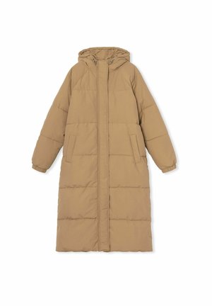 Langer, kapuzengefütterter Puffercoat in Hellbraun mit gestepptem Design, elastischen Bündchen und seitlichen Taschen. Schlicht gestaltet mit einem Frontreißverschluss.