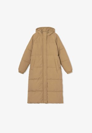 Lange, gewatteerde pufferjas met capuchon in lichtbruin, met een geborduurde textuur, elastische manchetten en zijzakken. Eenvoudig ontworpen met een rits aan de voorkant.