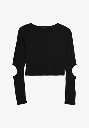 Black cropped sweater made of ribbed fabric, featuring long sleeves with cut-out details on the upper arms and a round neckline.