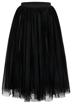 Musta midi-pituinen tyllihame, jossa on kerätty vyötärönauha ja kerroksittain läpikuultavaa kangasta, mikä luo runsaan, pehmeästi laskeutuvan siluetin.