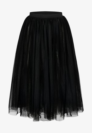 Jupe noire en tulle mi-longue avec taille froncée et tissu transparent en couches créant une silhouette volumineuse et fluide.