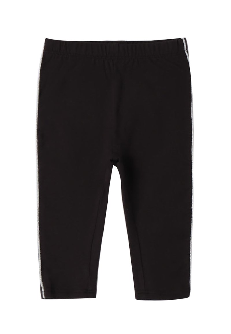 Leggings noirs en tissu doux, dotés d'une taille élastique et de bandes latérales blanches contrastées, de longueur cropped.