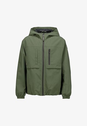 Groene lichte jas met capuchon, ritssluiting aan de voorkant, twee borstzakken, elastische manchetten en een effen textuur. Ontworpen voor casual gebruik.