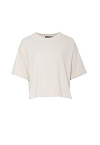 Kuttet, kortermet topp i lys beige stoff. Har rund halslinning og senkede skuldre, med en myk, glatt tekstur.