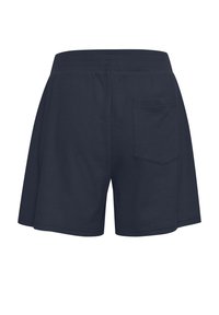 Marineblauwe shorts met een gestructureerd patroon, voorzien van een brede tailleband en een enkele achterzak. Losse pasvorm met een relaxte vorm.