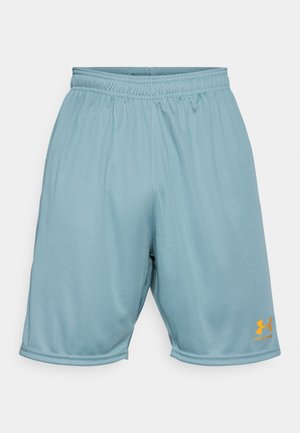 Light blue athletic shorts made of smooth fabric, featuring an elastic waistband and an orange Under Armour logo on the lower right side.