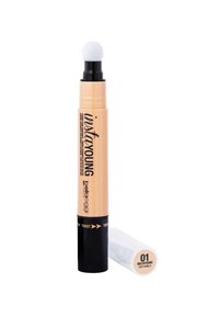 Penna correttore con punta applicatrice bianca arrotondata; tubo beige con accenti neri; etichettato "instayoung 01 soft vanilla."