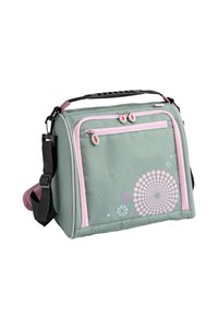 Zielona torba materiałowa z różowymi akcentami, posiadająca wiele zamykanych na zamek komór oraz okrągły wzór na przodzie. W zestawie regulowany pasek na ramię.