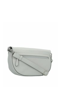 Borsa a tracolla grigia chiara in pelle texturizzata, con una tasca frontale con zip, tracolla regolabile e forma arrotondata.