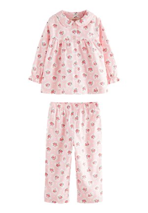 Pinkes Kinder-Pyjama-Set mit langärmligem, knöpfbarem Oberteil und Hose mit elastischem Bund, verziert mit kleinen Blumenmustern überall.