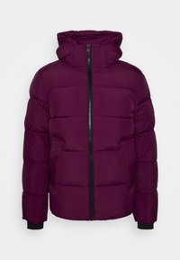 Bordowa kurtka puchowa z kapturem, wyposażona w pełny zamek błyskawiczny z przodu, dwie boczne kieszenie oraz ściągacze na mankietach. Pikowana tekstura zapewniająca izolację.